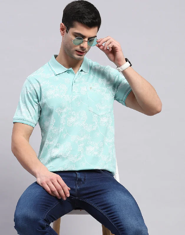 Men Turquoise Blue Jaquard Polo Collar Half Sleeve T-Shirt