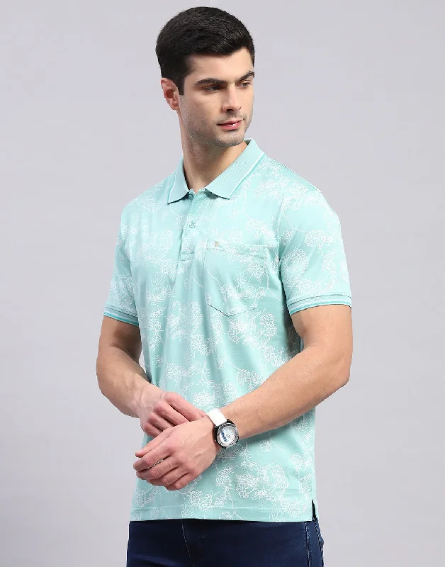 Men Turquoise Blue Jaquard Polo Collar Half Sleeve T-Shirt