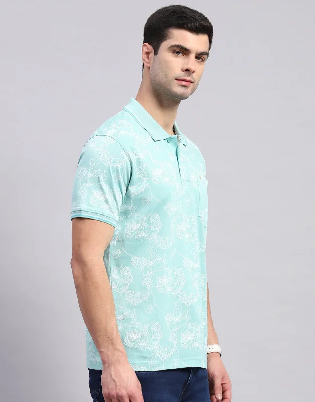 Men Turquoise Blue Jaquard Polo Collar Half Sleeve T-Shirt