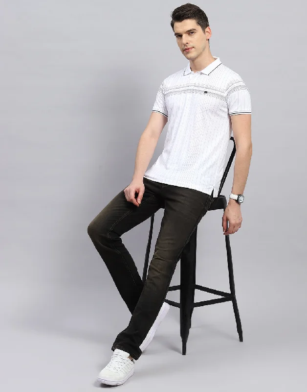 Men White Printed Polo Collar Half Sleeve T-Shirt Men White Printed Polo Collar Half Sleeve T-Shirt