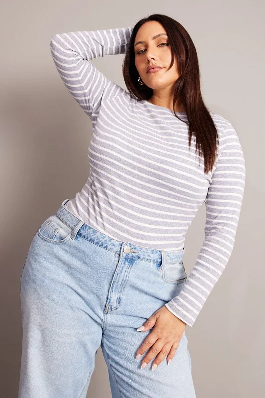 Grey Stripe T-shirt Long Sleeve Boat Neck Longline