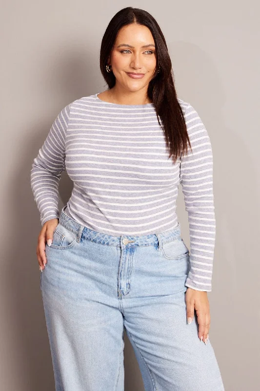 Grey Stripe T-shirt Long Sleeve Boat Neck Longline