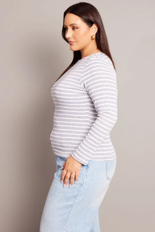 Grey Stripe T-shirt Long Sleeve Boat Neck Longline