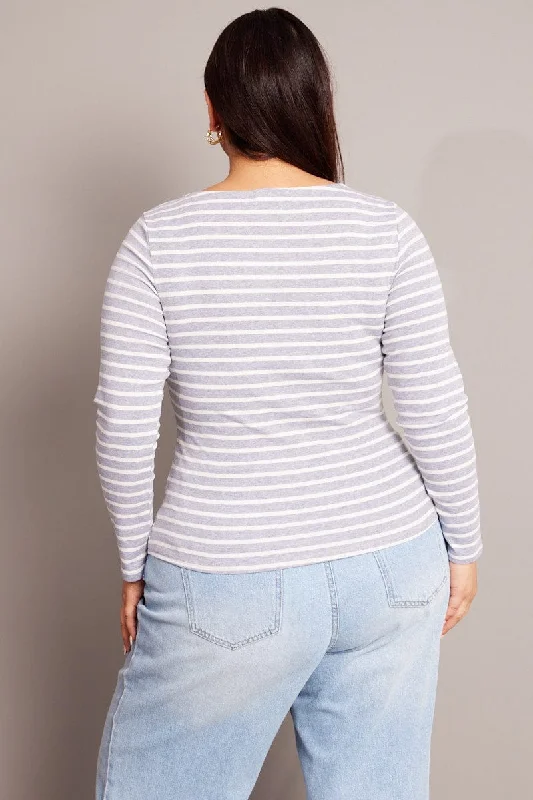 Grey Stripe T-shirt Long Sleeve Boat Neck Longline