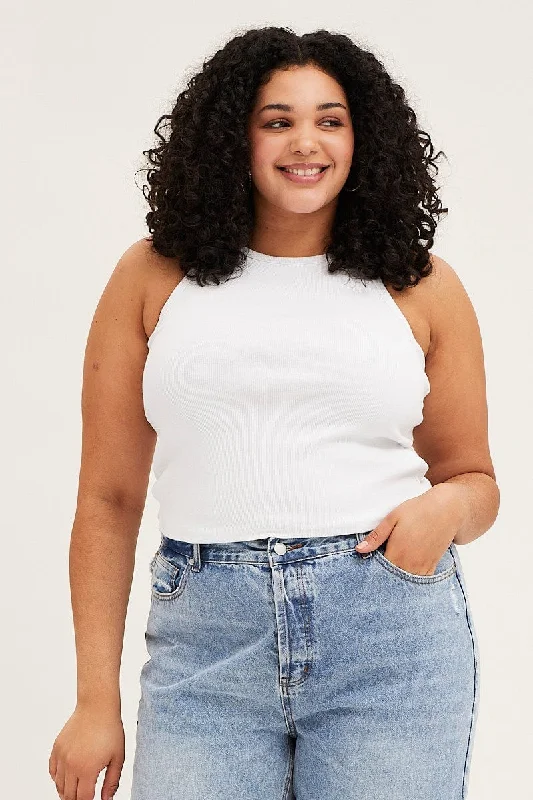 White Tank Top Crew Neck Rib